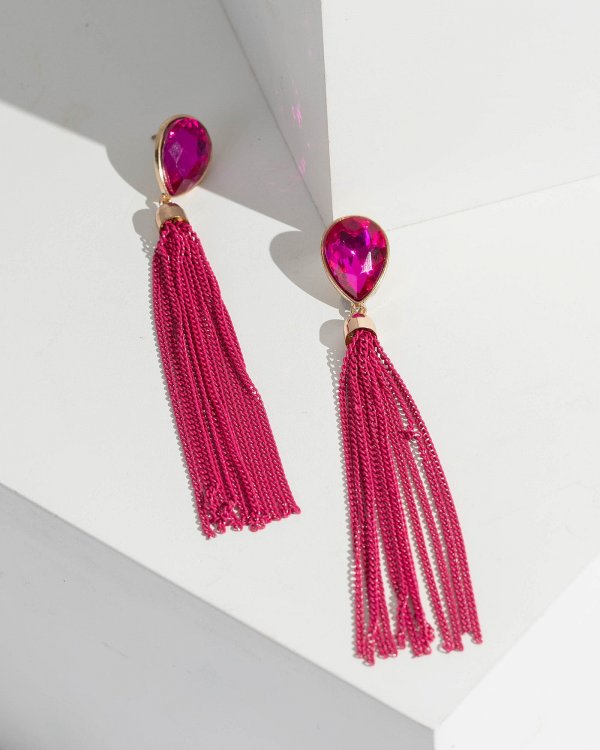 Pink Crystal Chain Tassel Drop Earrings