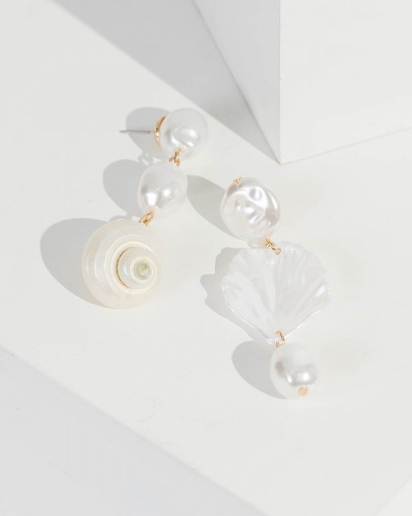 Gold Mismatched Shell And Pearl Earrings