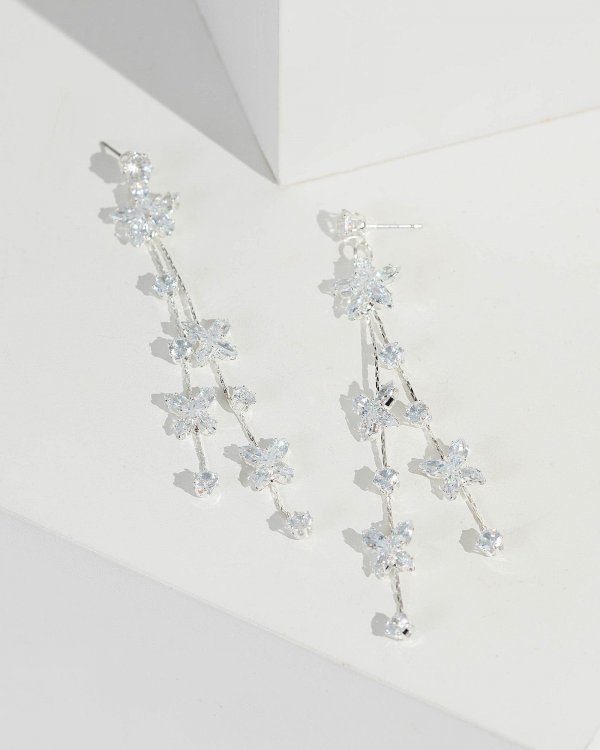 Silver Thin Row Crystal Detail Drop Earrings