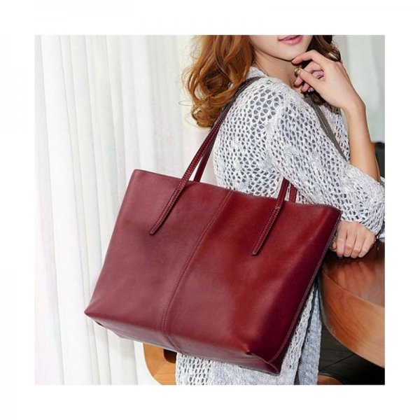 WOMEN'S LARGE CAPACITY LEATHER WORK TOTE ZIPPER CLOSURE SHOULDER BAG - WINE RED