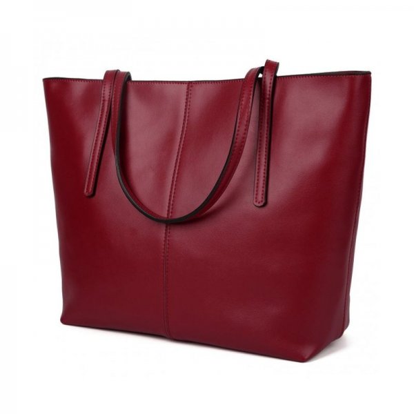 WOMEN'S LARGE CAPACITY LEATHER WORK TOTE ZIPPER CLOSURE SHOULDER BAG - WINE RED