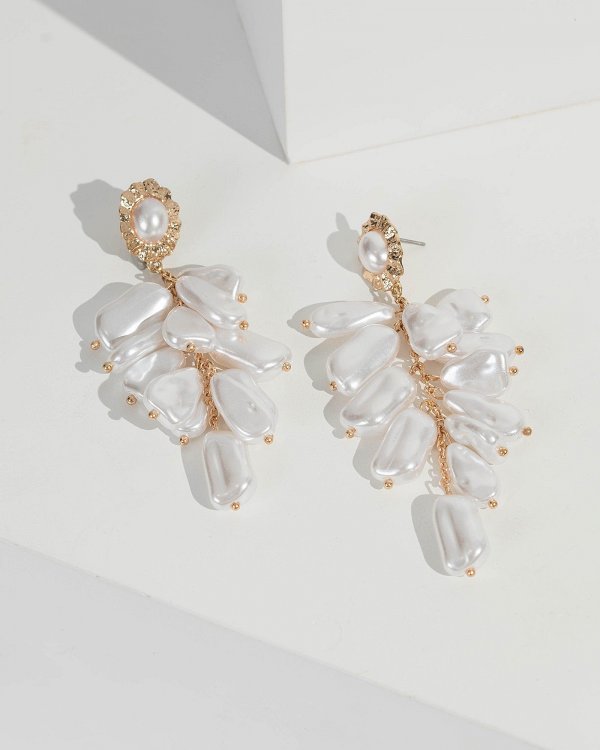 Gold Multi Pearl Petal Detail Drop Earrings