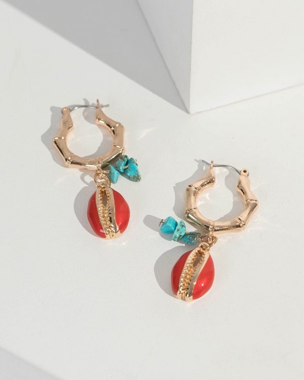 Gold Bamboo Style Hoop Shell Drop Earrings